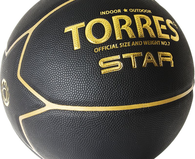 Мяч баскетбол TORRES Star, B32317, р.7, 7 панел.,ПУ-композит, нейлон. корд, бут.кам., черно-золотой