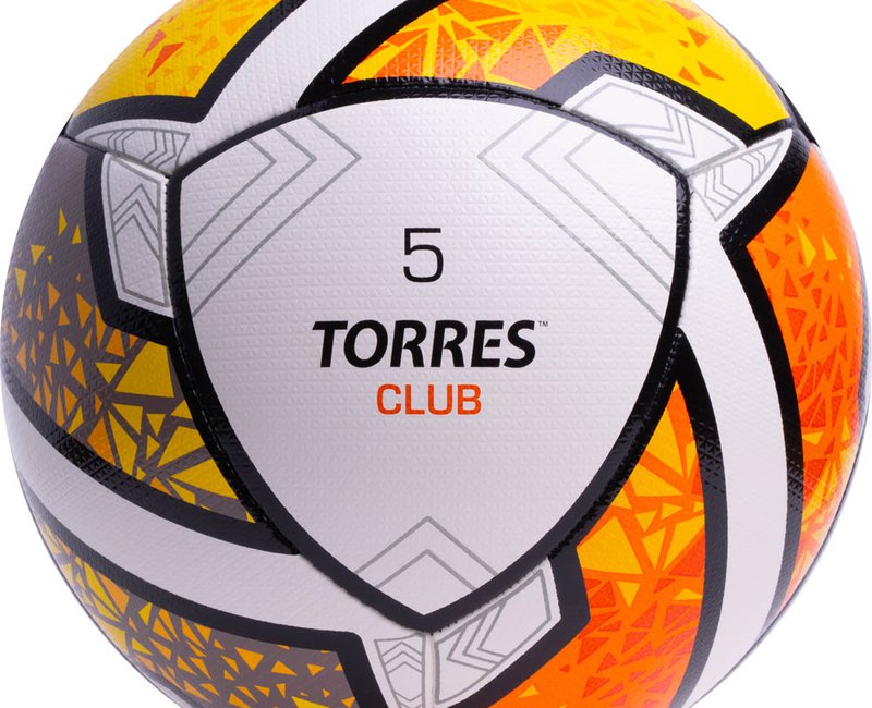 Mяч  футбольный TORRES Club,  р.5, 10 пан., ПУ, гибрид. сшив, бел-оранж-желт