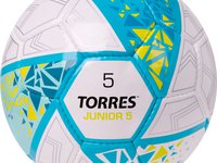 Mяч  футбольный TORRES Junior-5, р.5,глянц.ПУ,4 сл,32 п, руч.сш,бел-бирюзовый