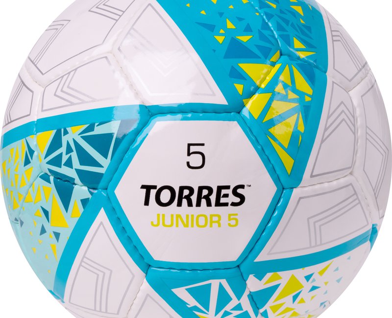 Mяч  футбольный TORRES Junior-5, р.5,глянц.ПУ,4 сл,32 п, руч.сш,бел-бирюзовый