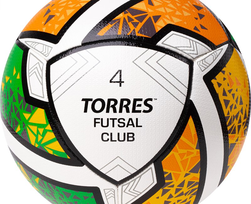 Mяч  футбольный TORRES Futsal Club р.4, 10 пан. ПУ, 4 под. сл, гибрид. сш. бело-зел-оранж