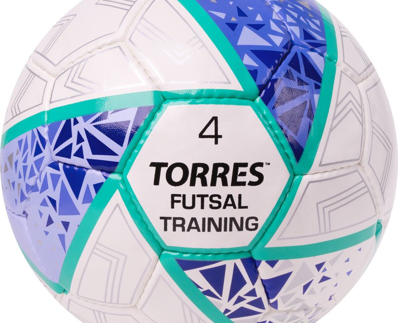 Mяч  футбольный TORRES Futsal Training, р.4, 32 пан. ПУ, 4 подкл. слоя, бело-фиолет-зел