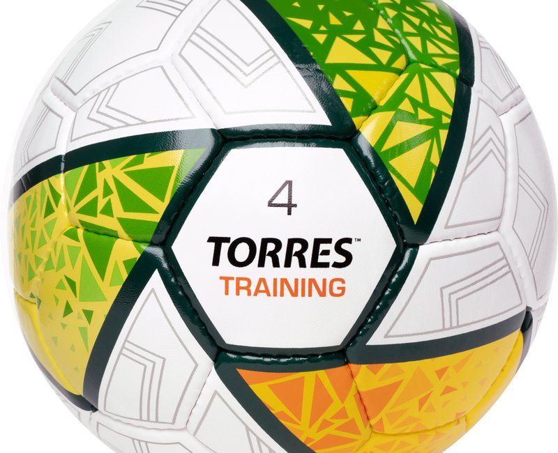 Мяч  футбольный TORRES Training ,р.4, 32 панели. ПУ, 4 под. слоя, ручная сшивка, бело-зел-сер